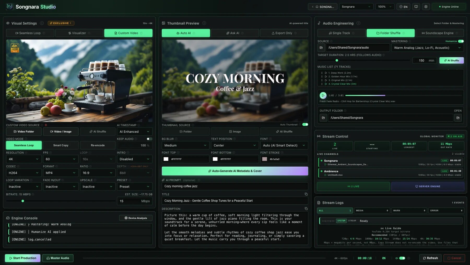 Songnara Studio dashboard showing Cinematic Ambient Video Maker workflow.